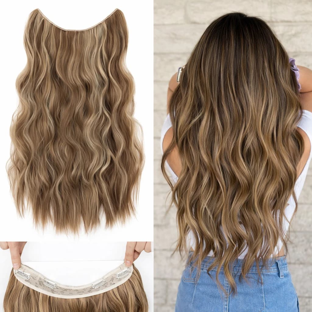 Wavy Weft Hair Extensions Light Brown Synthetic Hair with Platinum Weft Easy Ins