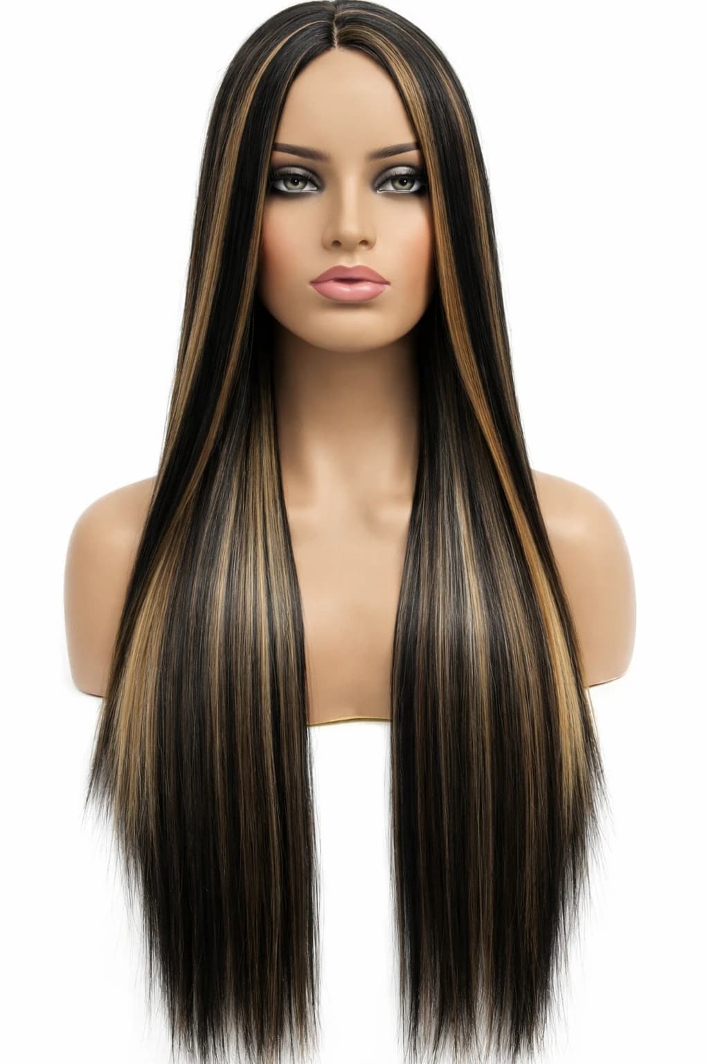 Long Straight Wig Black with Golden Brown Highlights Synthetic Hair Wigs 