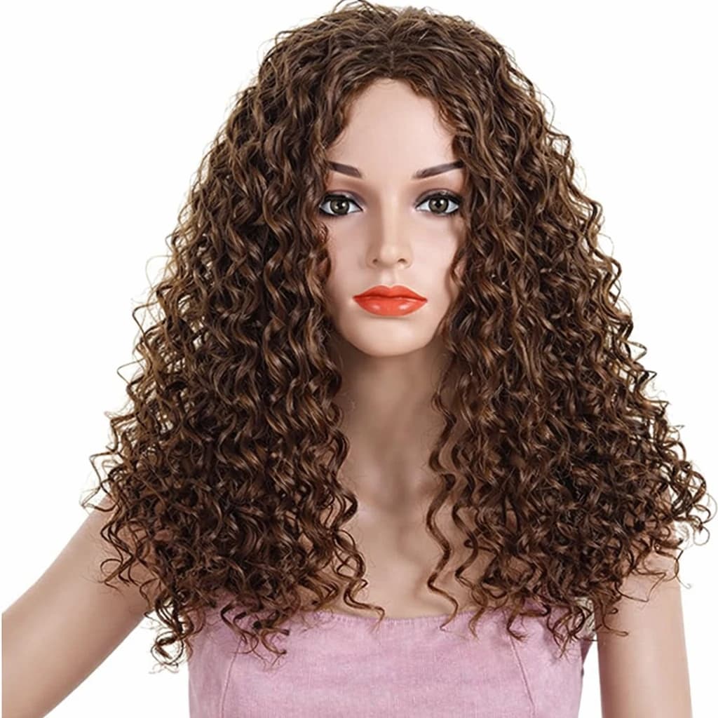 Women's Long Curly Wig Brown Curly Hair with Golden Highlights