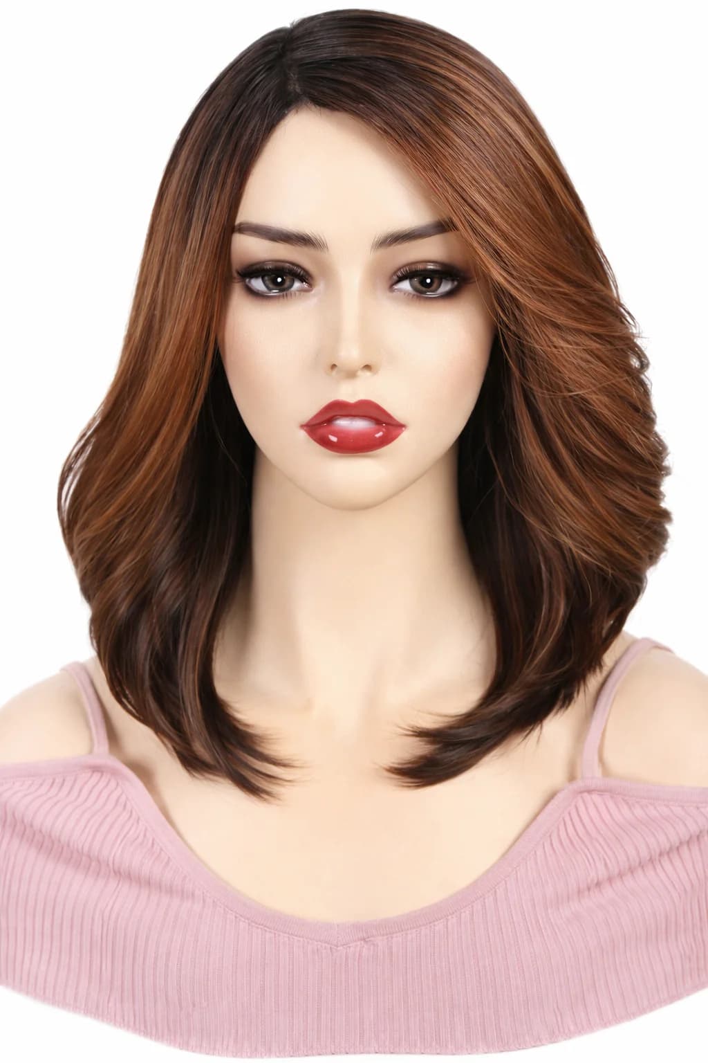 Women's Wig Medium Length Brown with Dark Roots Wavy Layered Hair Natural Lookin
