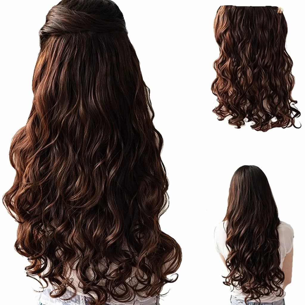 Long Wavy Hair Extension Dark Brown Curly Synthetic Hair Clip In
