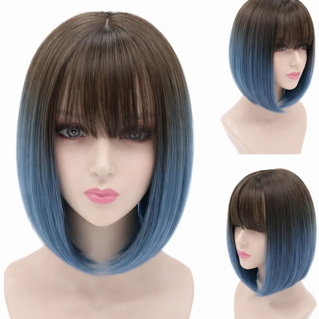 Short Bob Wig with Bangs, Ombre Brown to Blue, Straight Synthetic Hair Wigs 