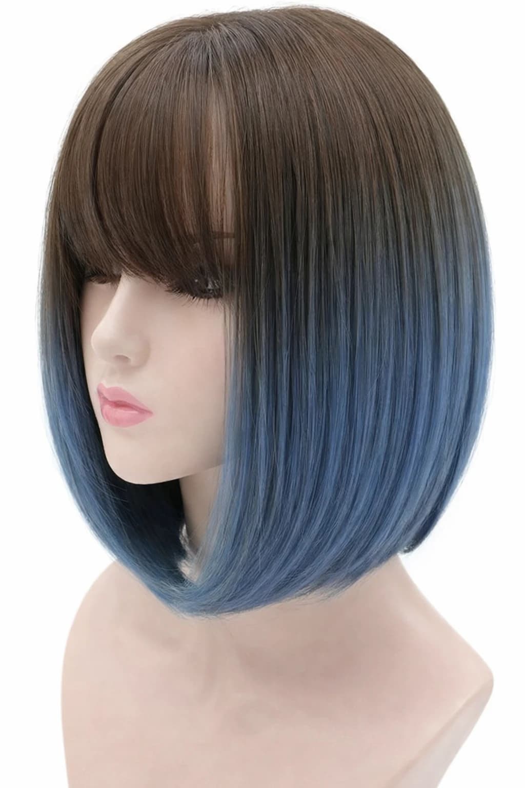 Short Bob Wig with Bangs, Ombre Brown to Blue, Straight Synthetic Hair Wigs 