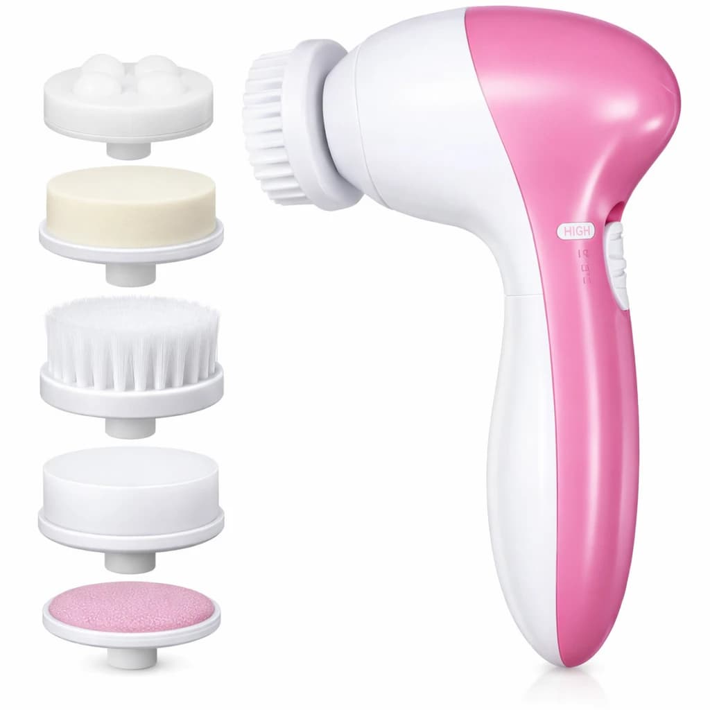 Electric Facial Cleansing Brush, Pink and White, 5 Interchangeable Heads