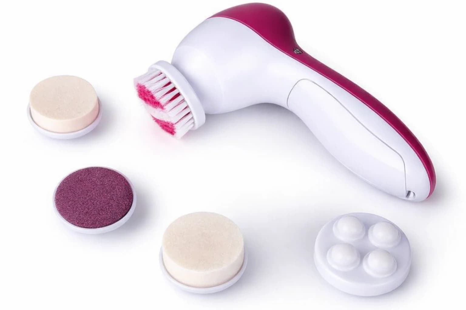 Electric Facial Cleansing Brush, Pink and White, 5 Interchangeable Heads