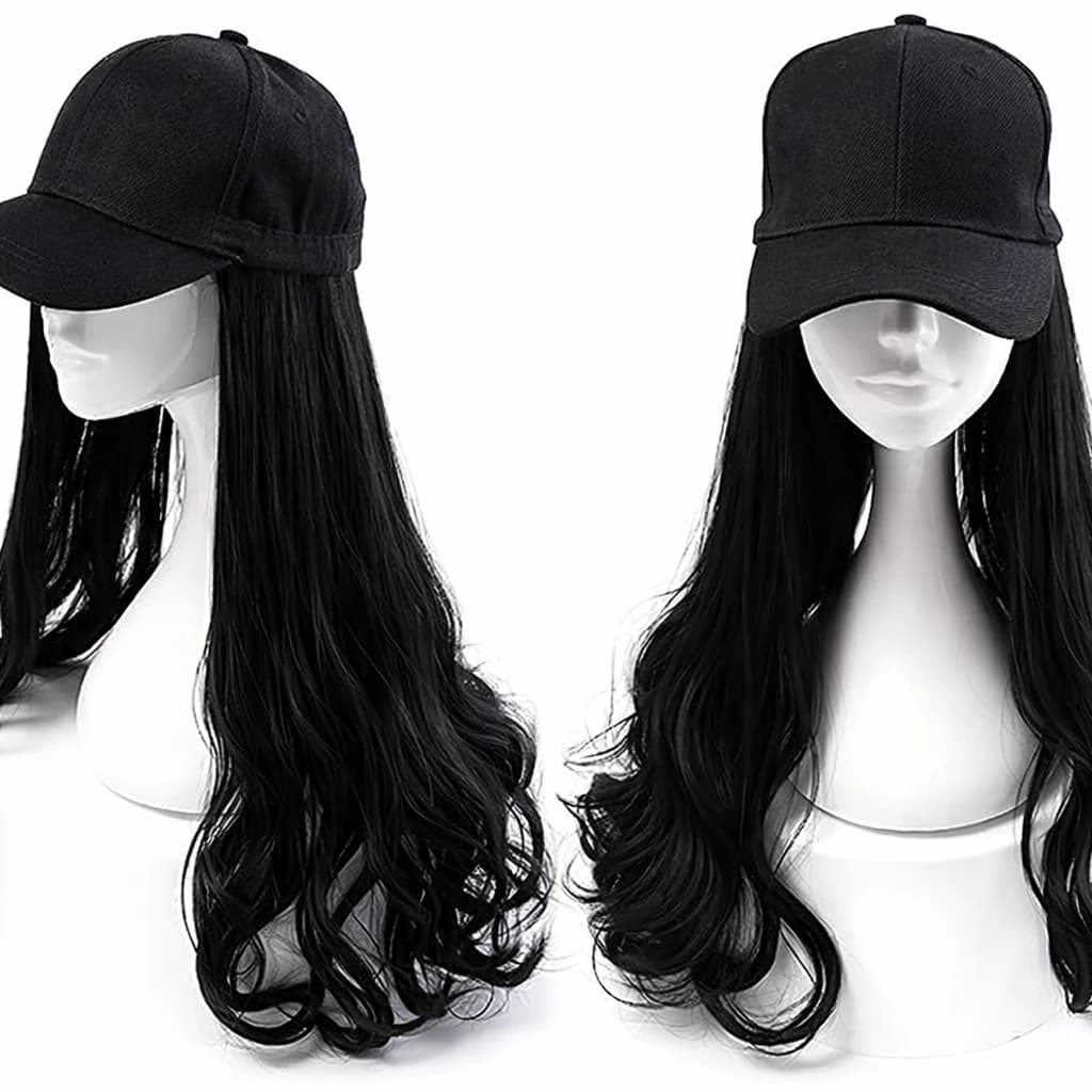 Baseball Cap with Long Wavy Wig, Black, Synthetic Hair Attached, for Women