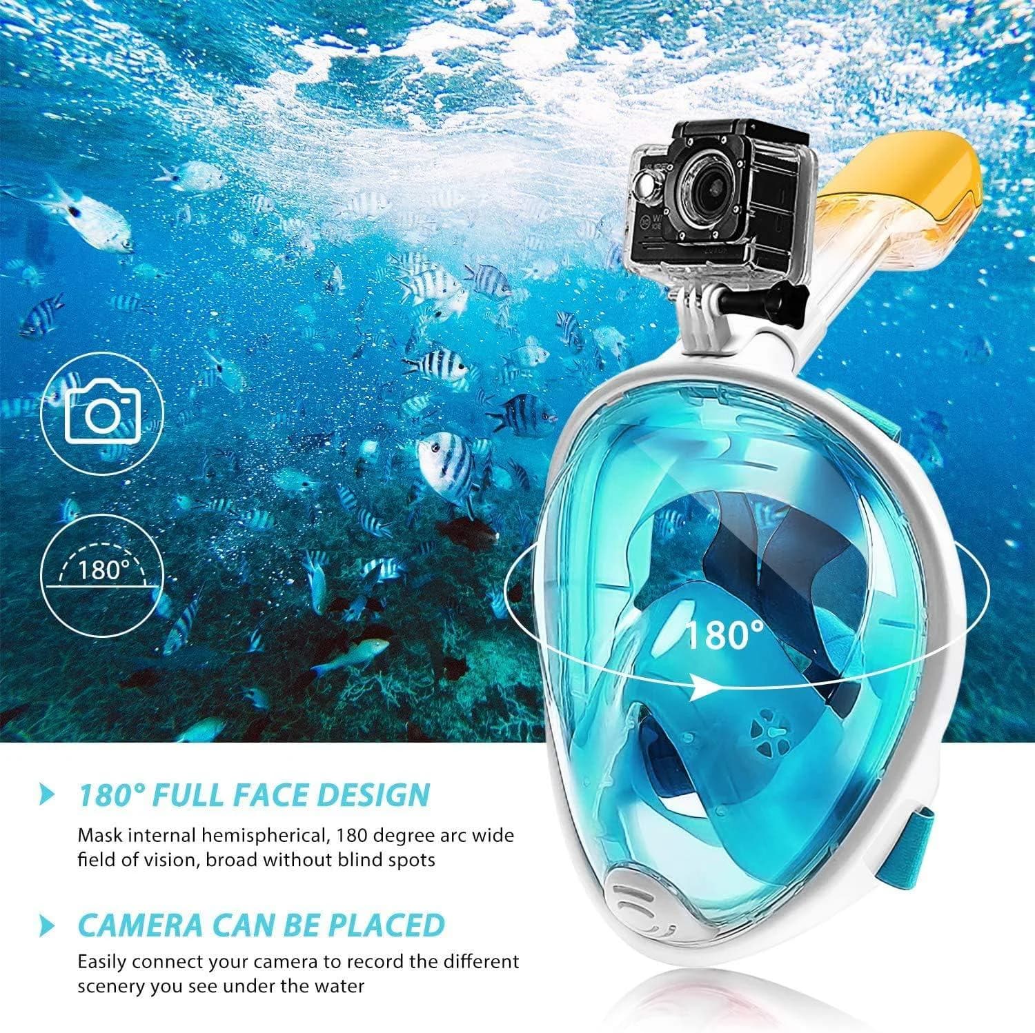 180 Degree Full Face Snorkel Mask, Free Breathing Design with Detachable Camera 