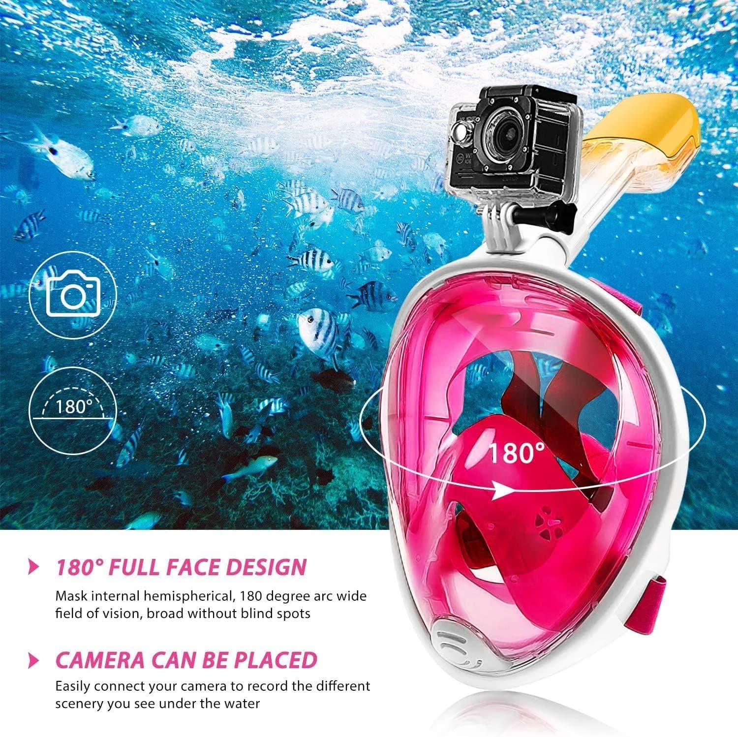 180 Degree Full Face Snorkel Mask, Free Breathing Design with Detachable Camera 
