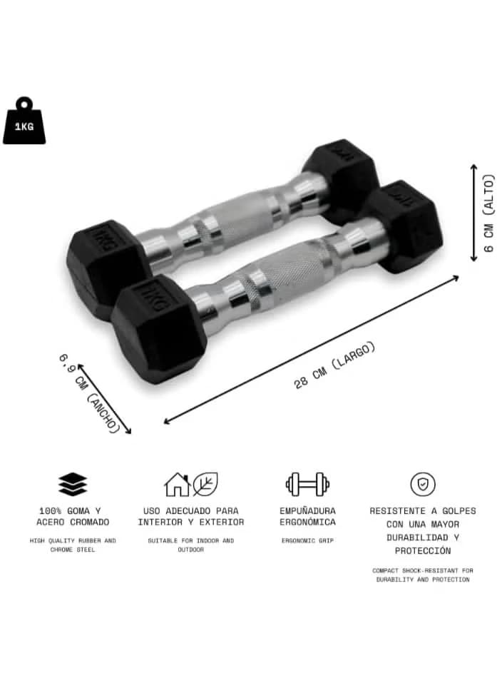 1kg Hexagonal Dumbbell, 2-piece set, strong rubber, secure grip