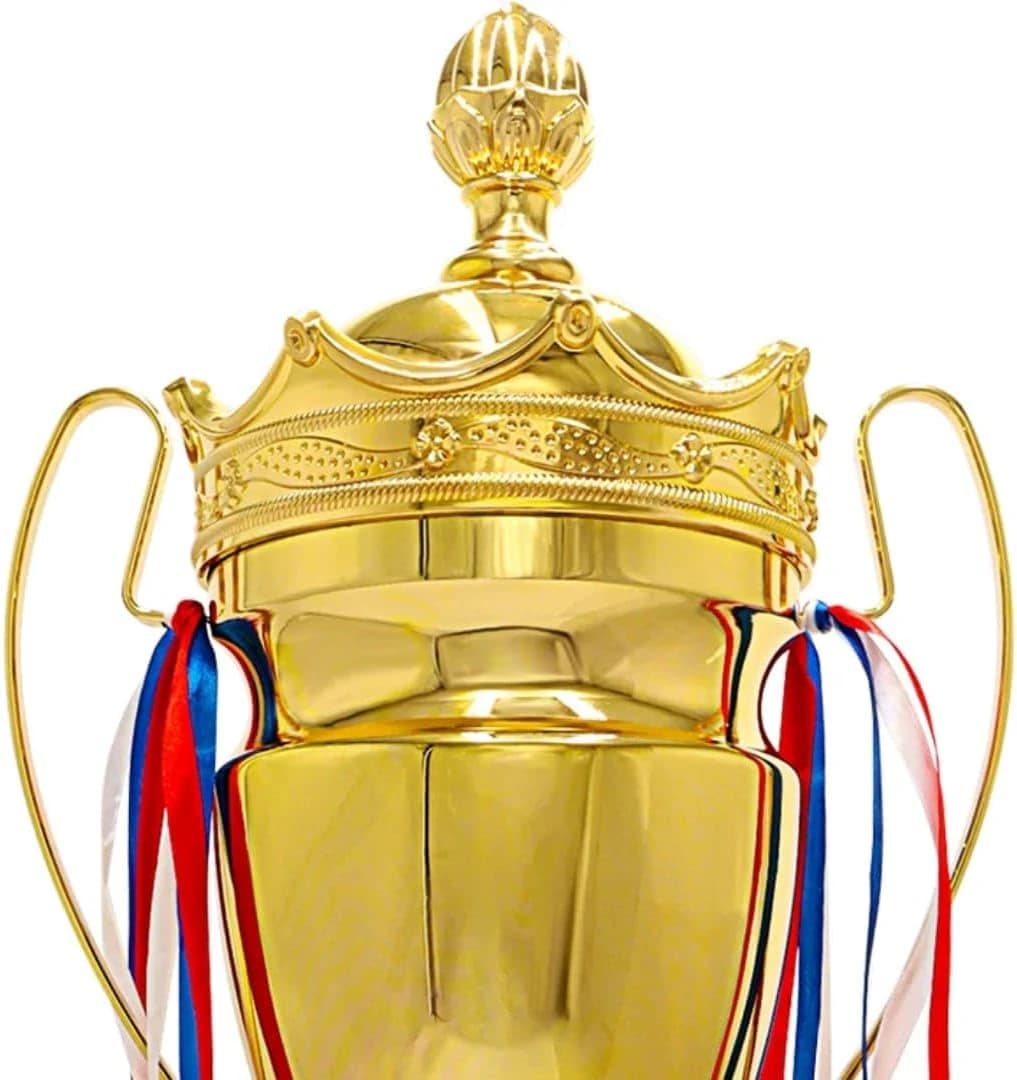 A gold sports award trophy with a royal design, complete with a lid and crown