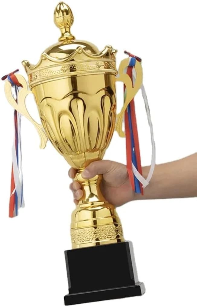 A gold sports award trophy with a royal design, complete with a lid and crown, 