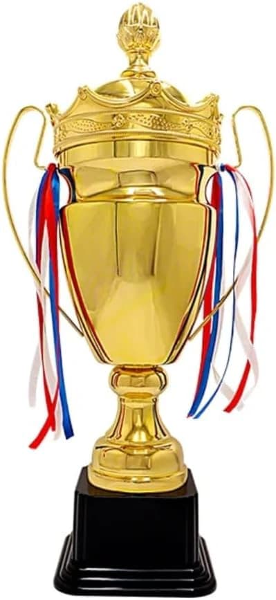 A gold sports award trophy with a royal design, complete with a lid and crown, 