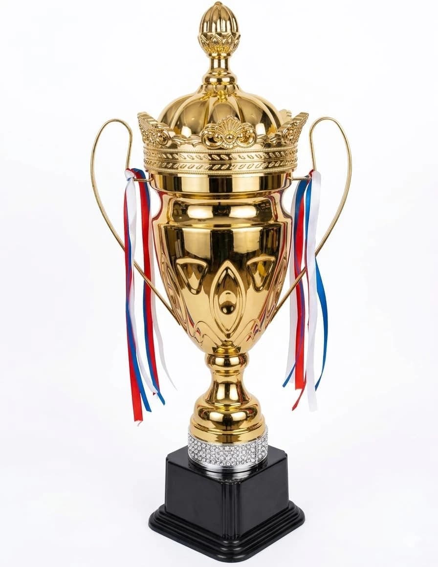 كأس مكافأة رياضي ذهبي بتصميم ملكي مع غطاء وتاج ، مناسب للبطولات والمسابقات 