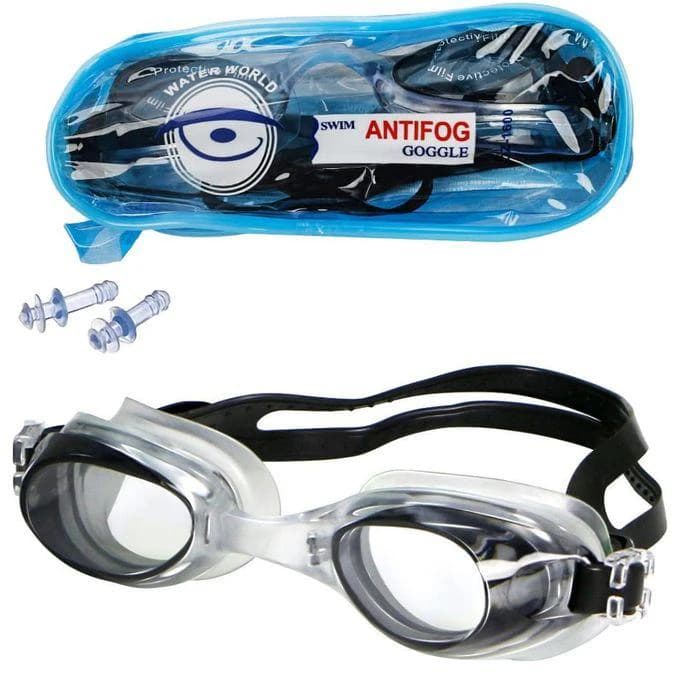 Anti-fog swimming goggles with earplugs, black ( Color may vary )