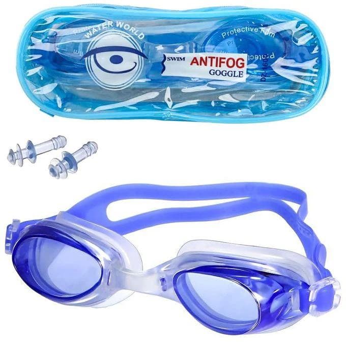 Anti-fog swimming goggles with earplugs, blue ( Color may vary )