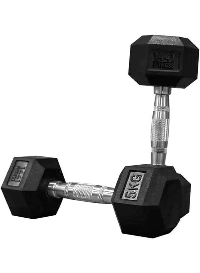 Black 5kg Rubber Hexagonal Dumbbell Set (1 Pair) for Men, Chrome Plated Handles,