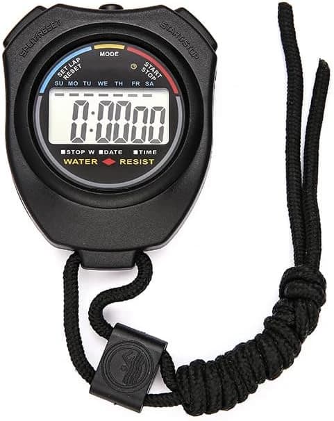 Digital sports stopwatch, water resistant, with timer, date, alarm and neck 