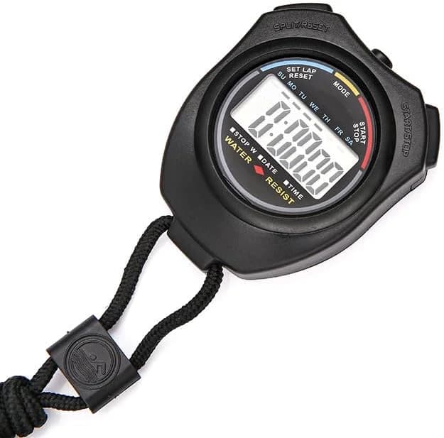 Digital sports stopwatch, water resistant, with timer, date, alarm and neck 
