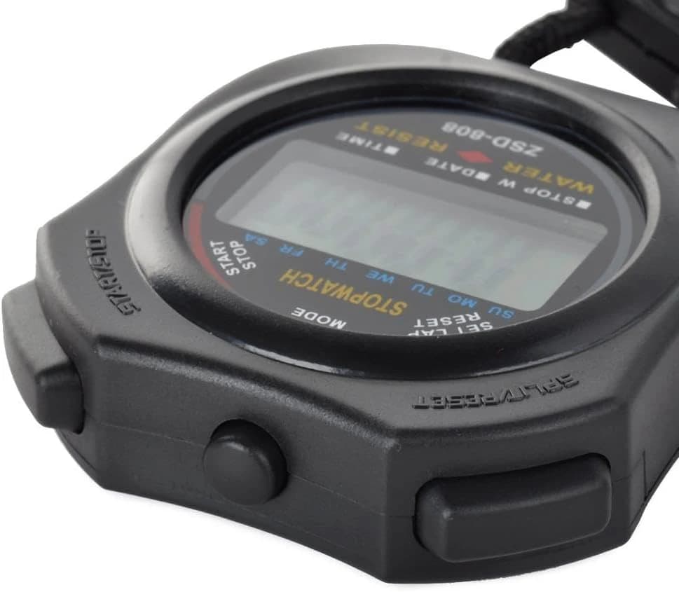 Digital sports stopwatch, water resistant, with timer, date, alarm and neck 