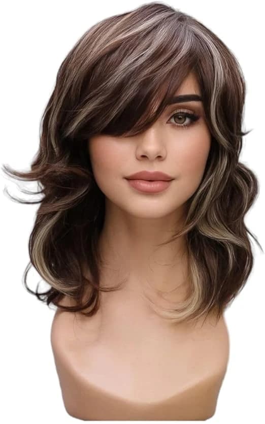 باروكة مموج بني بخصلات أشقر وغرة جانبية – DILLARDS