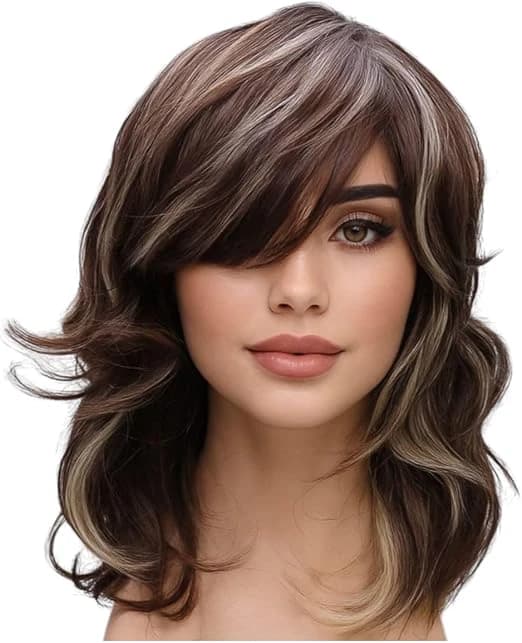 باروكة مموج بني بخصلات أشقر وغرة جانبية – DILLARDS