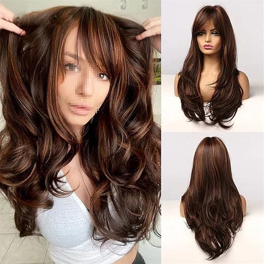 DILLARDS Long Curly Wig with Bangs – Brown Gold