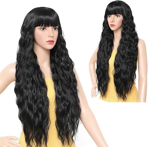 DILLARDS Seelaugh Long Curly Wig with Bangs – Black 75 cm