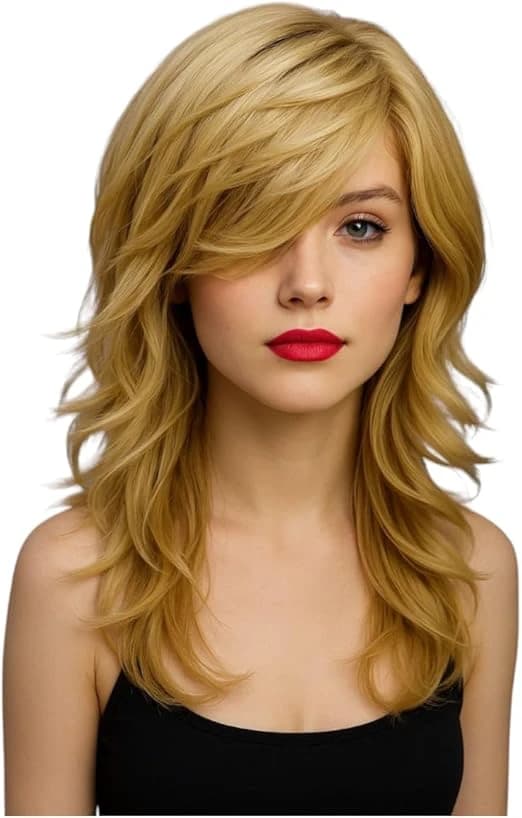 DILLARDS Long Wavy Wig – Golden Blonde Layered with Side Bangs