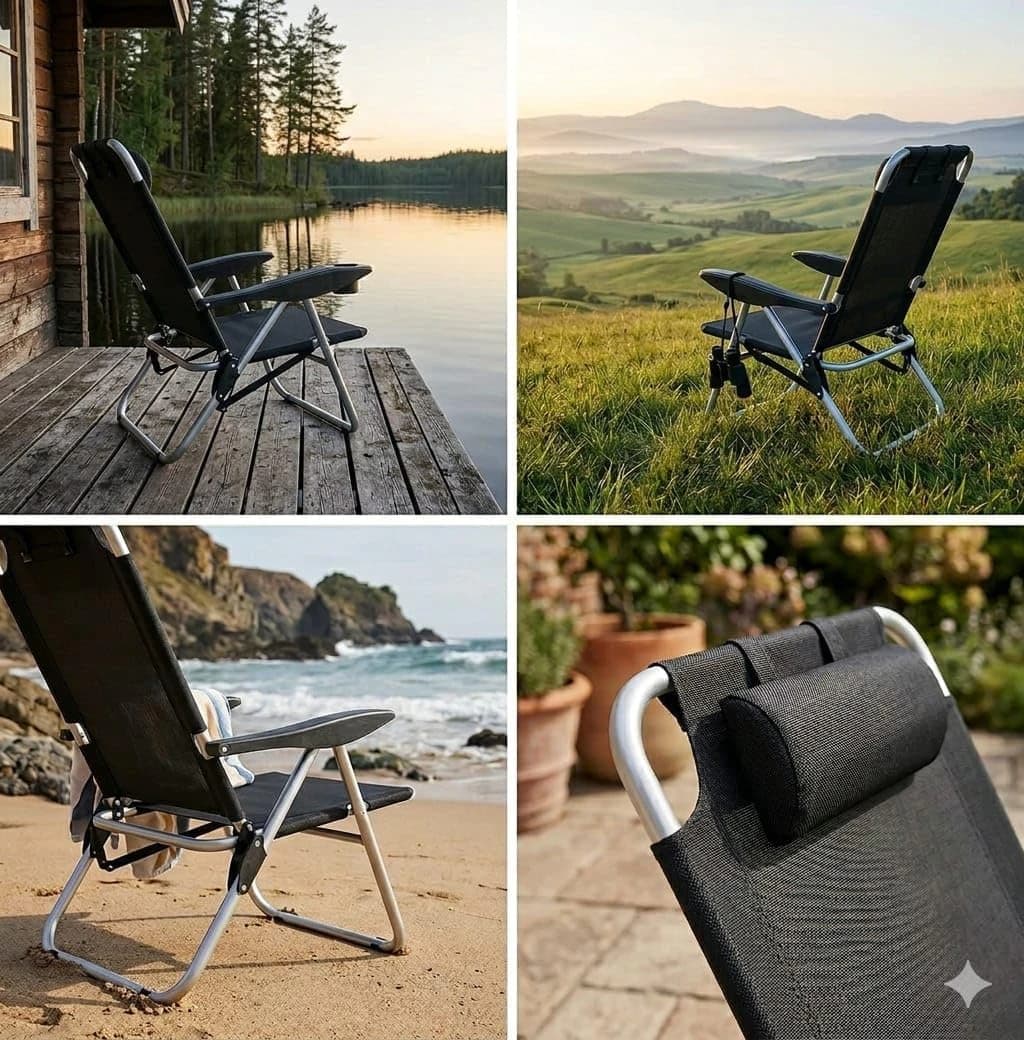 Foldable 5 Position Picnic & Lounge Chair with Comfortable Head Cushion