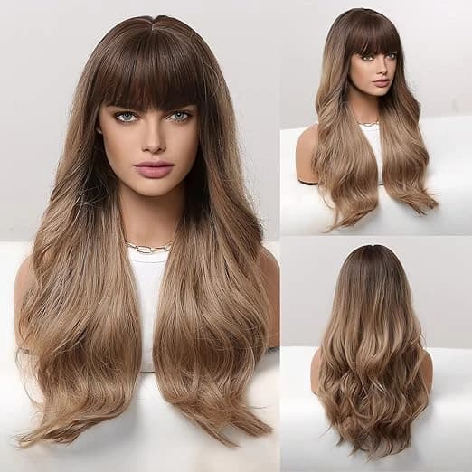 DILLARDS Long Curly Brown Wig with Fringe – 24 Inch