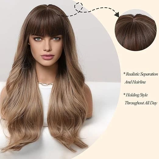 DILLARDS Long Curly Brown Wig with Fringe – 24 Inch