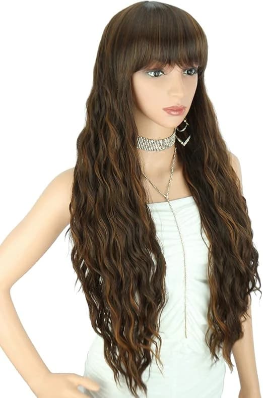 DILLARDS Wavy Curly Wig Brown Highlights Bangs 26 Inch