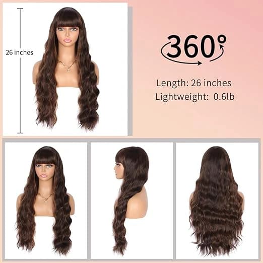 DILLARDS Wavy Curly Wig Brown Highlights Bangs 26 Inch