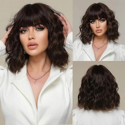 DILLARDS EMORE Wavy Wig with Bangs Brown Heat Resistant