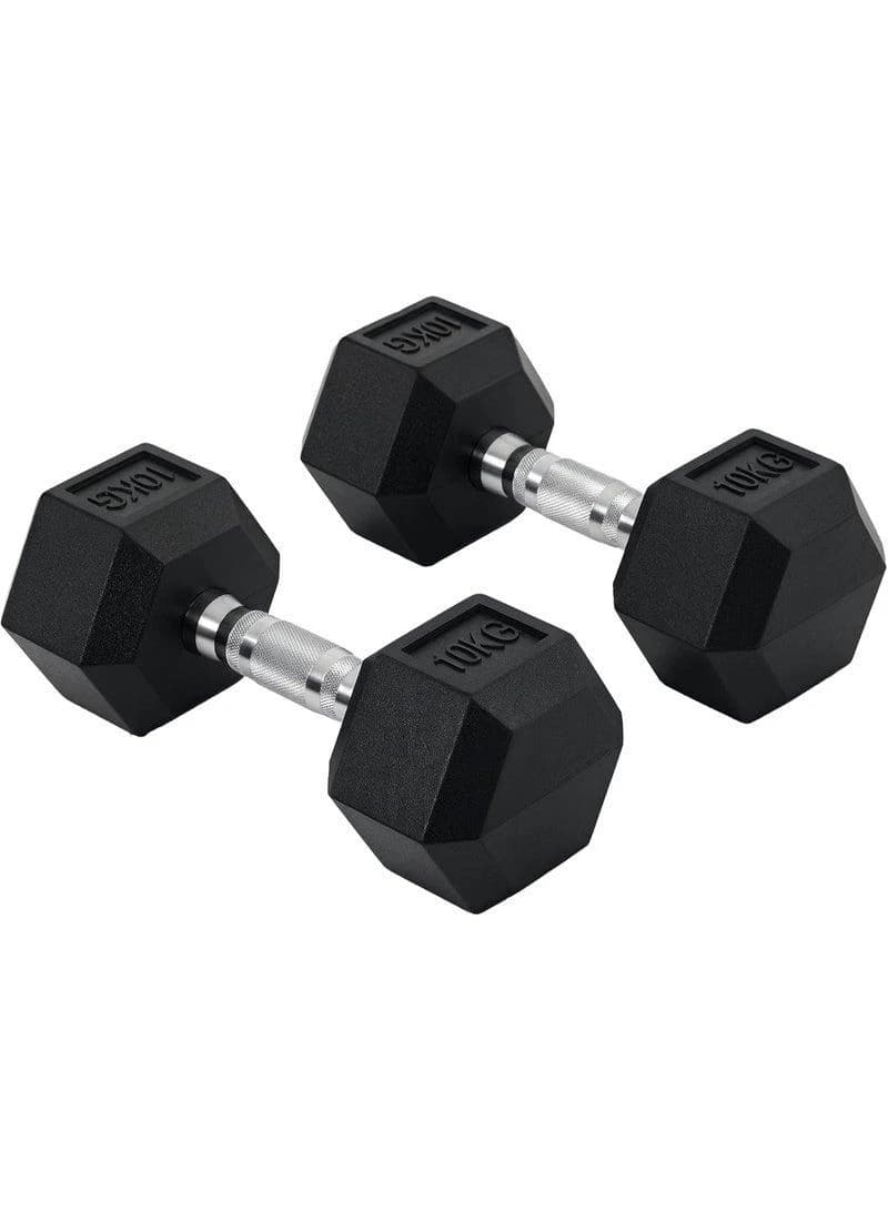 Hexagonal Dumbbell Set - Pair (10 kg) of Half Grip Rubber Hexagonal Dumbbells 