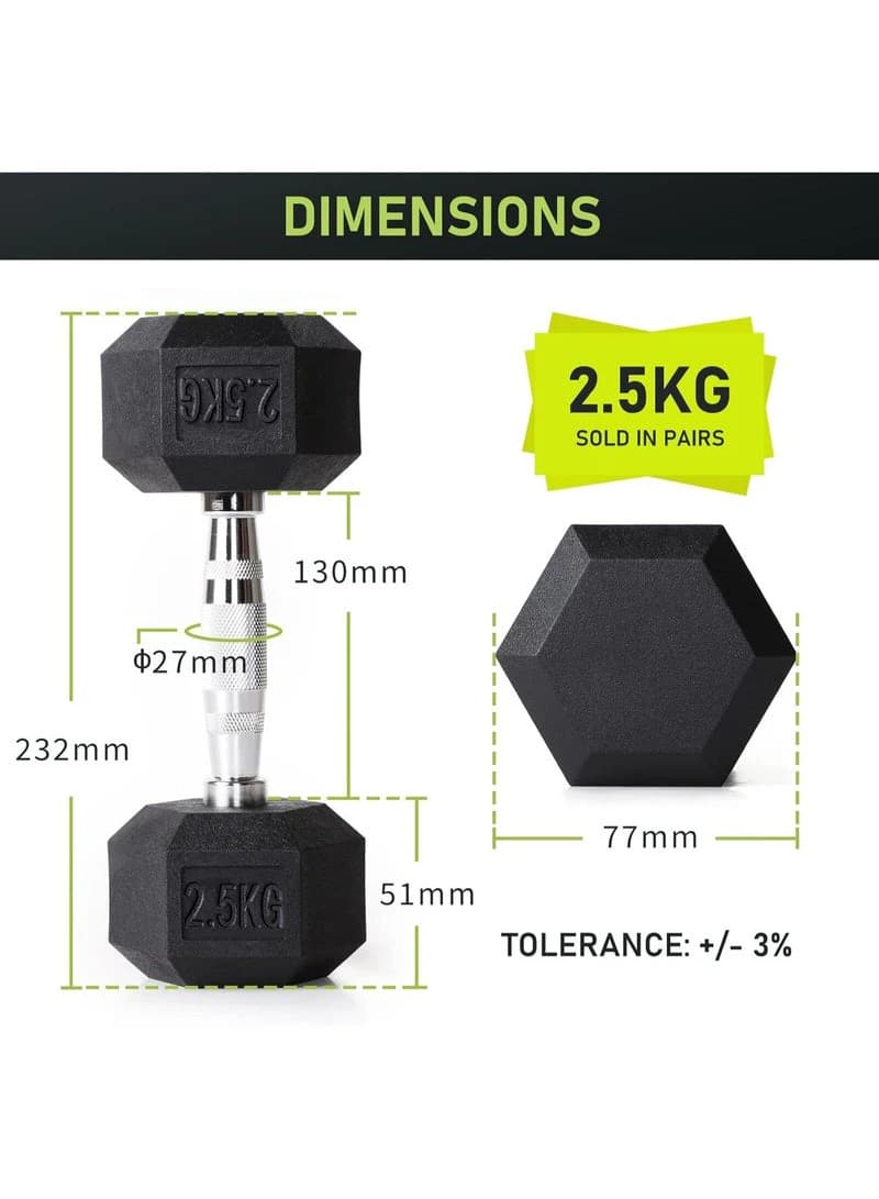 Hexagonal dumbbell set, polyurethane rubber-coated dumbbells, 2.5 kg per pair, 