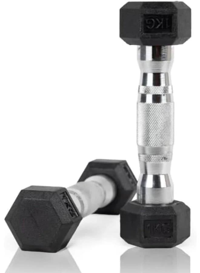 Hexagonal dumbbells, 1 kg each, silver and black, sturdy steel handle 