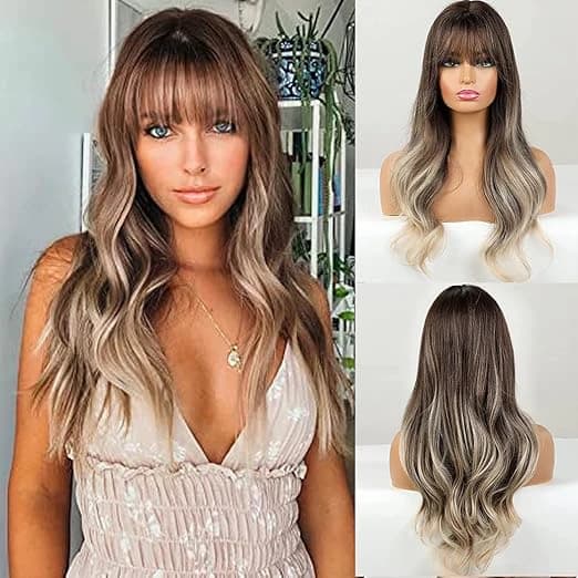 DILLARDS Long Ombre Wig Brown to Ash Blonde with Bangs 373