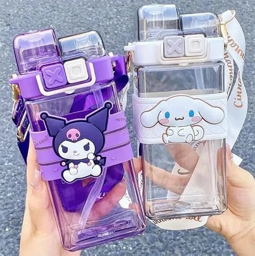Kids Water Bottle With Shoulder Strap 570 ML - Multi Color - Cartoon Design