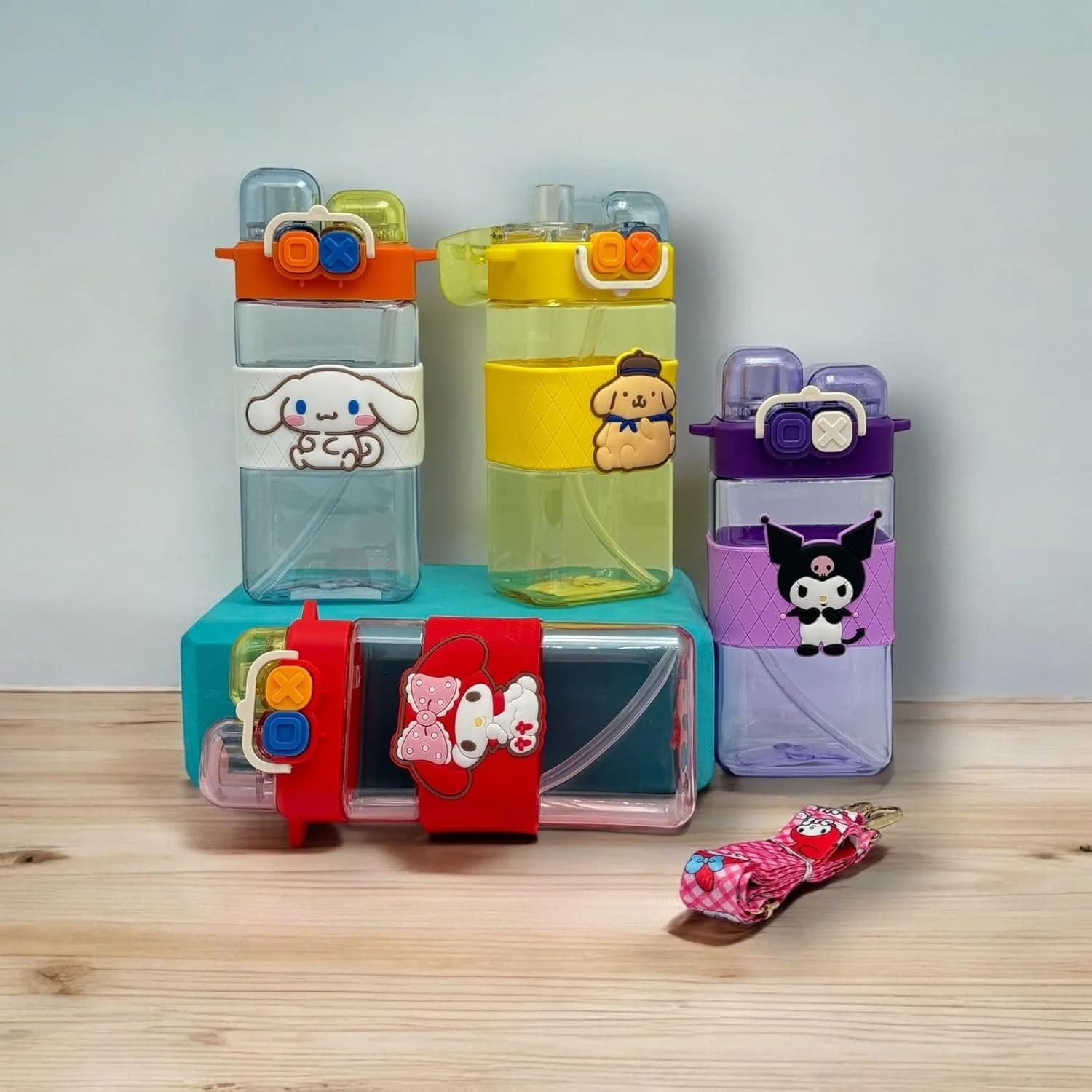 Kids Water Bottle With Shoulder Strap 570 ML - Multi Color - Cartoon Design
