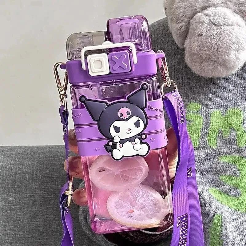 Kids Water Bottle With Shoulder Strap 570 ML - Multi Color - Cartoon Design