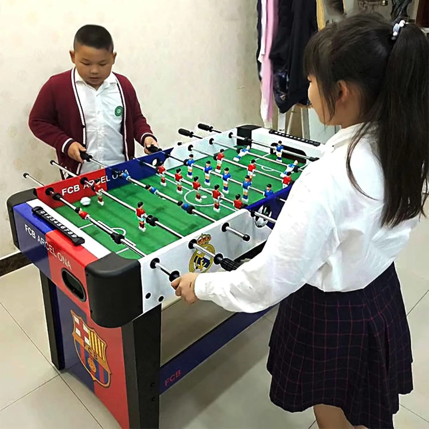 Large 120cm wooden foosball table with Barcelona and Real Madrid designs 