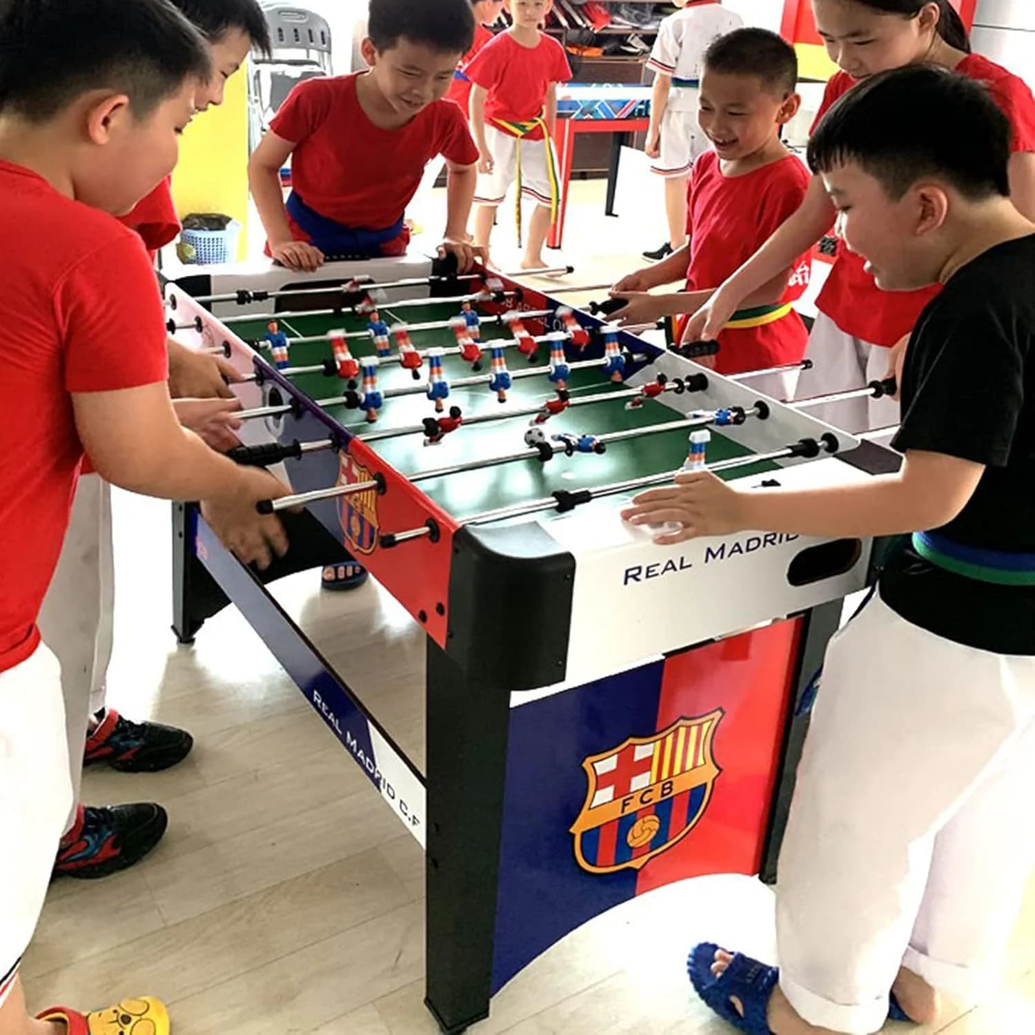 Large 120cm wooden foosball table with Barcelona and Real Madrid designs 