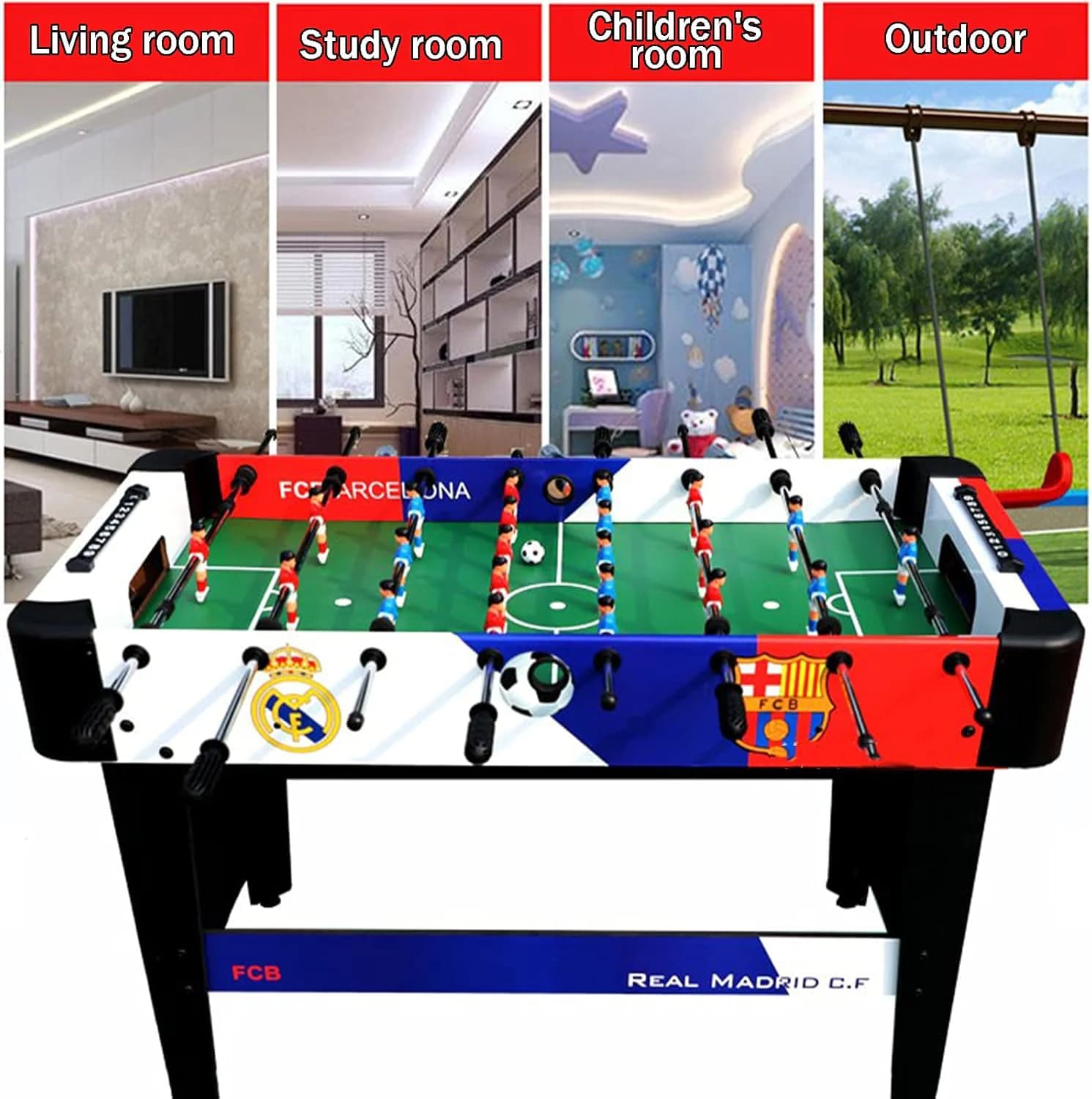 Large 120cm wooden foosball table with Barcelona and Real Madrid designs 