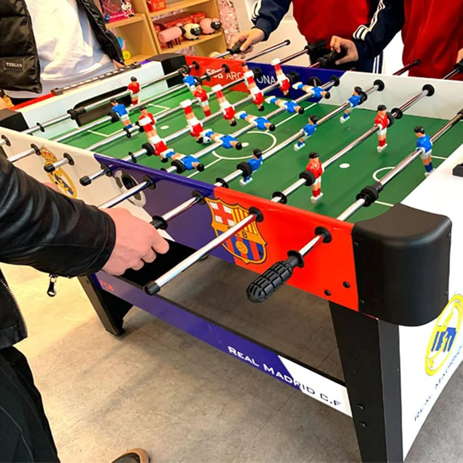 Large 120cm wooden foosball table with Barcelona and Real Madrid designs 