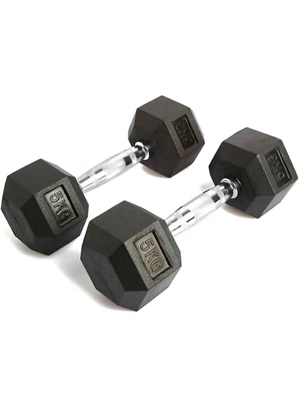 Pair of 5kg hexagonal dumbbells, fitness set, hollow rubber dumbbells, fitness 