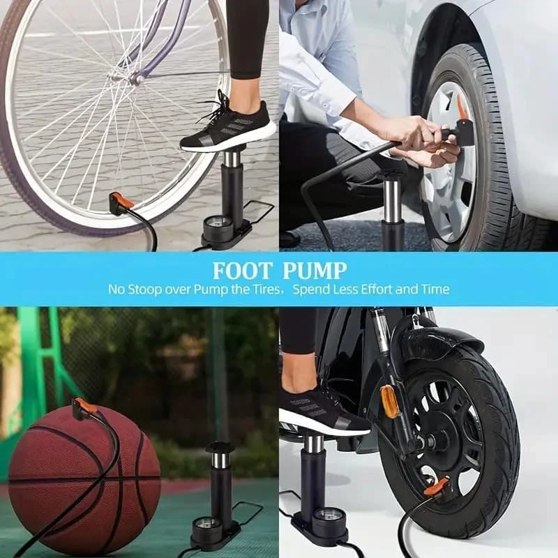 Portable air pump for bicycles, high-pressure foot pump with extra pressure
