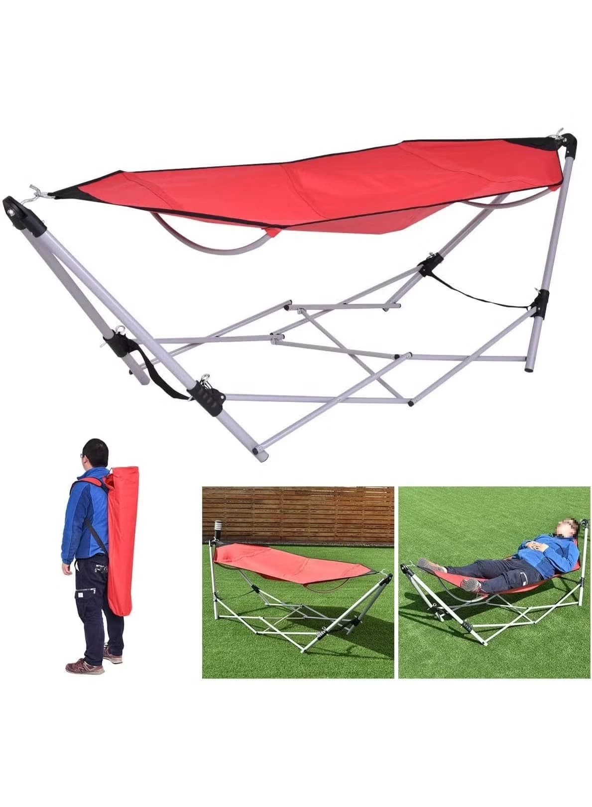 Portable Hammock with Folding Stand, Metal Frame, Portable Chaise Lounge