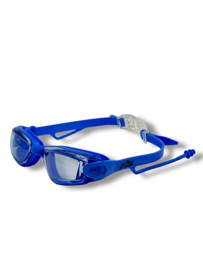 Swimming goggles with a back closure for size adjustment + comfortable earplugs 