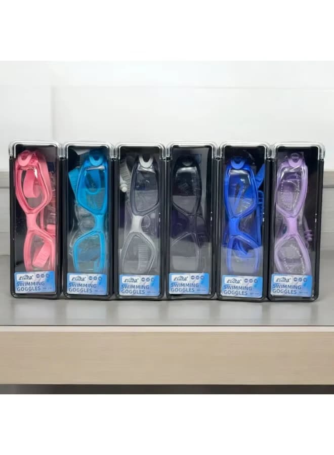Swimming goggles with a back closure for size adjustment + comfortable earplugs 